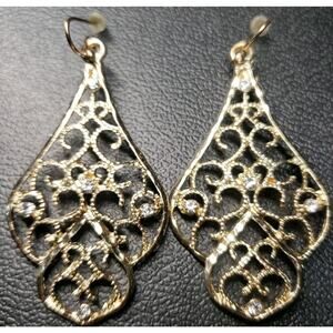 Vintage Gold-tone Filigree Teardrop Dangle Earrings with Clear Rhinestones
